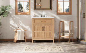 English Elm 30" Solid Pine Bathroom Vanity with Resin Sink Soft Close Doors and Natural Grain Finish N710P405952P