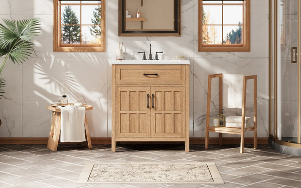 English Elm 30" Solid Pine Bathroom Vanity with Resin Sink Soft Close Doors and Natural Grain Finish N710P405952P