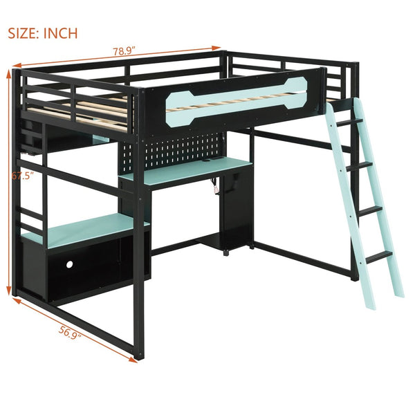 English Elm Full Size Gaming Loft Bed with Built-in Desk Led Lighting Usb Ports and Pegboard Black+Blue LT000270AAC