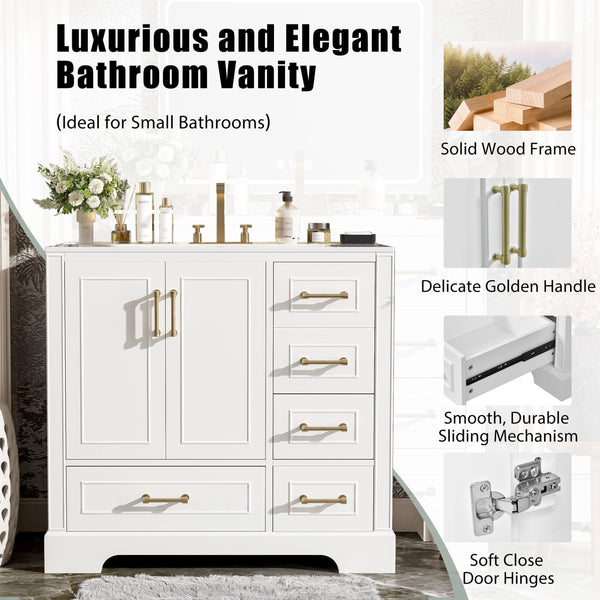 English Elm 36" Traditional Bathroom Vanity with Ceramic Sink, Solid Wood Cabinet, Soft-Close Doors & Drawers White N729P251630K