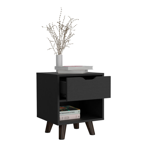 English Elm Crail Nightstand Black with Drawer & Open Shelf, Engineered Wood, Wooden Legs, Modern Durable Design B200P188873