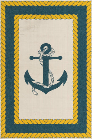 Unique Loom Outdoor Coastal Anchor Machine Made Border Rug Ivory, Yellow/Navy Blue 5' 3" x 8' 0"