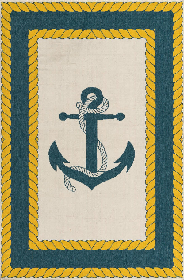 Unique Loom Outdoor Coastal Anchor Machine Made Border Rug Ivory, Yellow/Navy Blue 5' 3" x 8' 0"