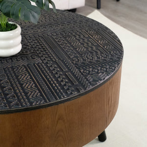 English Elm 31.5-inch Round Carved Wood Coffee Table Vintage Distressed Finish Living Room Accent W3935P406036