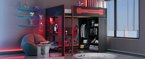 English Elm Full Size Gaming Loft Bed with Rgb Lighting Integrated Desk and Open Wardrobe N820S00073J