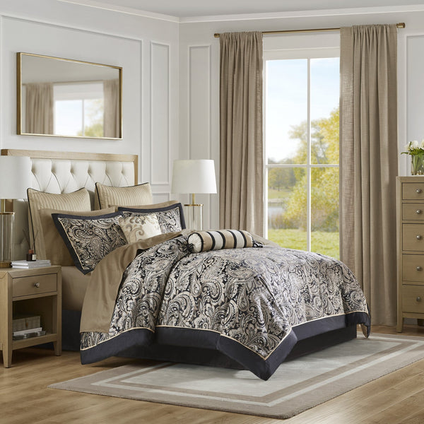 English Elm 12 Madison Park Aubrey 12-Piece Queen Comforter Set Paisley Jacquard with 200TC Cotton Sheets, Gold Accents Black 18.9 L x 24.02 W x 16.93 H B035128821
