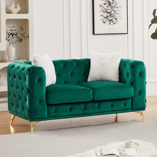 English Elm Fx Velvet Chesterfield Sofa Button Tufted Diamond Quilted Design with Accent Pillows Green W1926S00078
