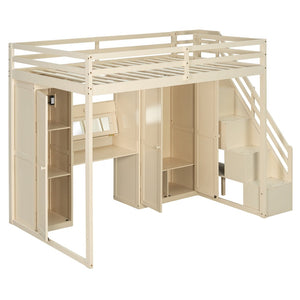English Elm Full Size Loft Bed with Wardrobe Dressing Mirror Usb Ports and Teen Room Storage LT000276AAA
