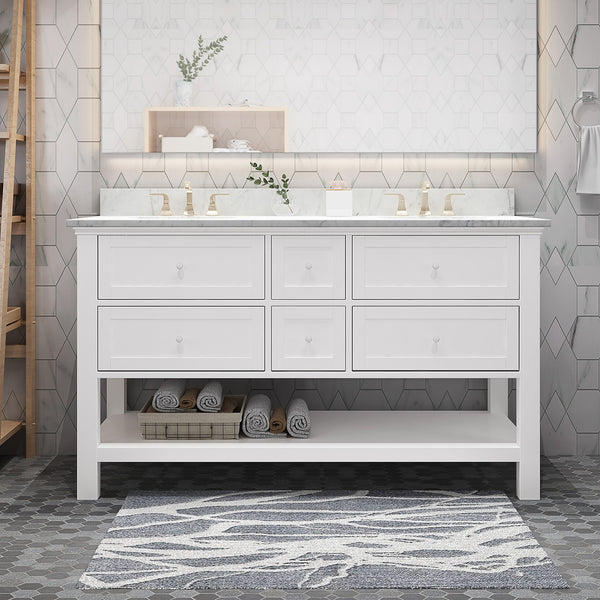 English Elm Christopher Knight Home® - 60'' 60" Double Vanity Cabinet White Wood with 4 Soft-Closing Drawers, Zinc Handles, Open Back for Plumbing (60.25"W x 21.75"D x 35.5"H) 65297.00