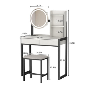 English Elm Small Bedroom Vanity Desk with Led Mirror Cushioned Stool Power Outlet and Storage White+Black W3587P462333
