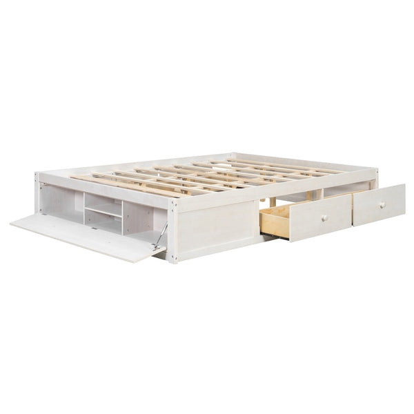 English Elm Queen Platform Storage Bed with Hydraulic Lift Footboard and Four Drawers Antique Finish White LP000139AAK