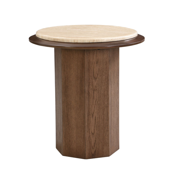 English Elm Kasha Contemporary Walnut End Table with Real Travertine Top, MDF Veneer Oak Finish, 40lb Limit B2726S00550