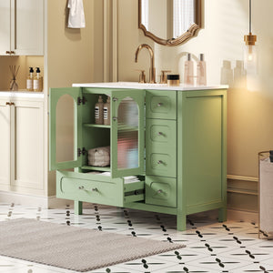 English Elm 36" Green Bathroom Vanity with Waffle Texture Doors, 4 Drawers, Glass Panels, Soft-Closing, Modern Storage N710P280025C
