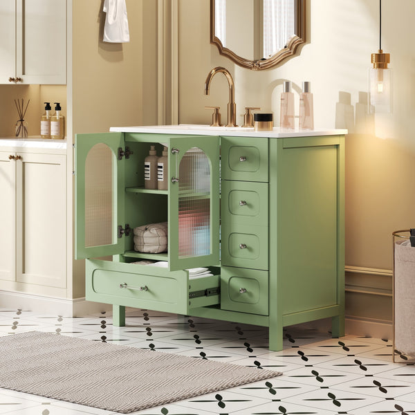 English Elm 36" Green Bathroom Vanity with Waffle Texture Doors, 4 Drawers, Glass Panels, Soft-Closing, Modern Storage N710P280025C