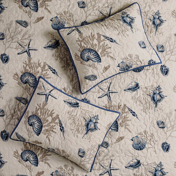 JLA Home Madison Park - Brushed Bayside Reversible Microfiber Quilt Set with Coastal Seashell Motifs and Three Decorative Pillows 90 L x 68 W x 0.25H MP13-483