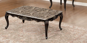 English Elm Transitional Ornate Marble-Top Coffee Table 48"W x 28"D Dark Walnut with Gold Accents & Cabriole Legs B2741P378467