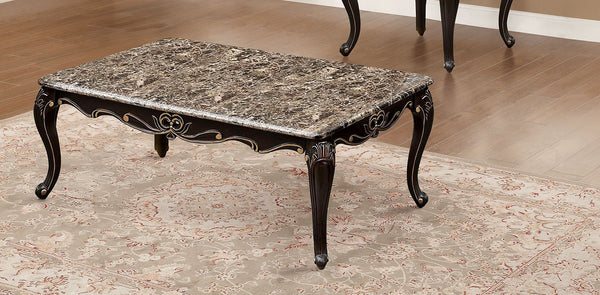 English Elm Transitional Ornate Marble-Top Coffee Table 48"W x 28"D Dark Walnut with Gold Accents & Cabriole Legs B2741P378467