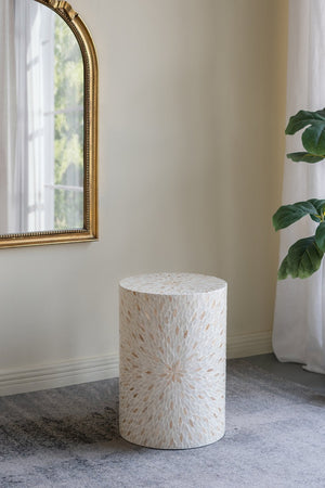 English Elm 14x14x20" Decorative Drum Stool with Starburst Capiz Shell Inlay for Elegant Living Rooms Cream,Gold+White W2078P326501