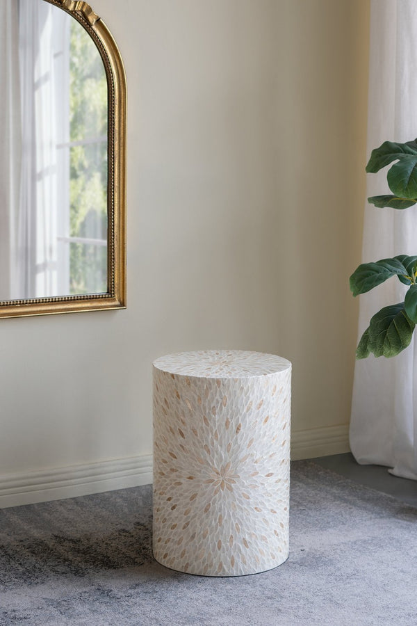 English Elm 14x14x20" Decorative Drum Stool with Starburst Capiz Shell Inlay for Elegant Living Rooms Cream,Gold+White W2078P326501