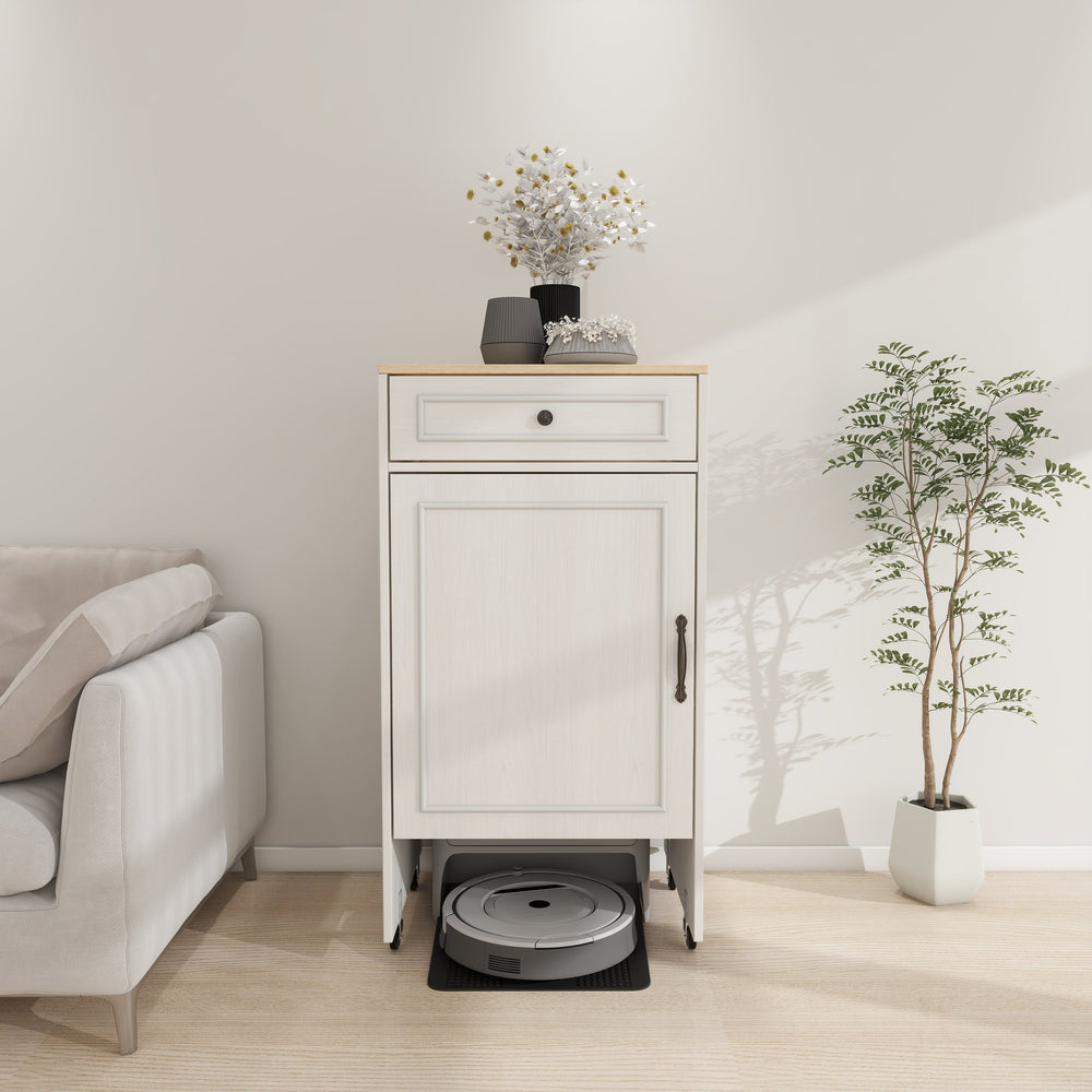 English Elm Robot Vacuum Stand Cabinet with Wheels Antique White — Storage Rack with Doors, Drawers & Side Table W282P296230