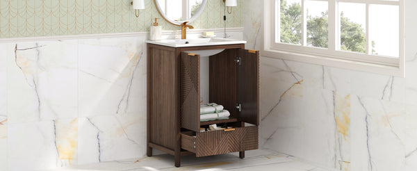 English Elm Christopher Knight Home® - 24 24-Inch Bathroom Vanity with Ceramic Sink, Textured Panels, Soft-Close Drawer & Large Storage Brown N817P339017B