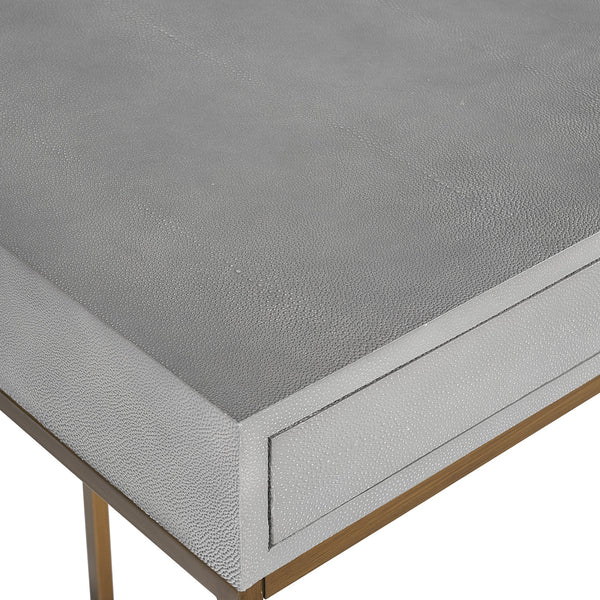 Sunpan Jiro Desk - Stylish Grey Shagreen with Antique Brass Hardware, Elegant Design & Ample Storage Space