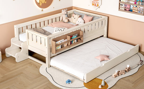 English Elm Twin Kids Platform Bed with Trundle Staircase Bookshelf and Rounded Safety Rails Beige W1580S00556