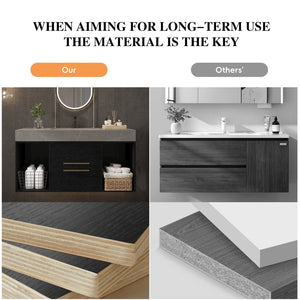 English Elm 39.4 Inch Floating Bathroom Vanity Sintered Stone Top Solid Wood 2 Soft Close Drawers W3136S00037