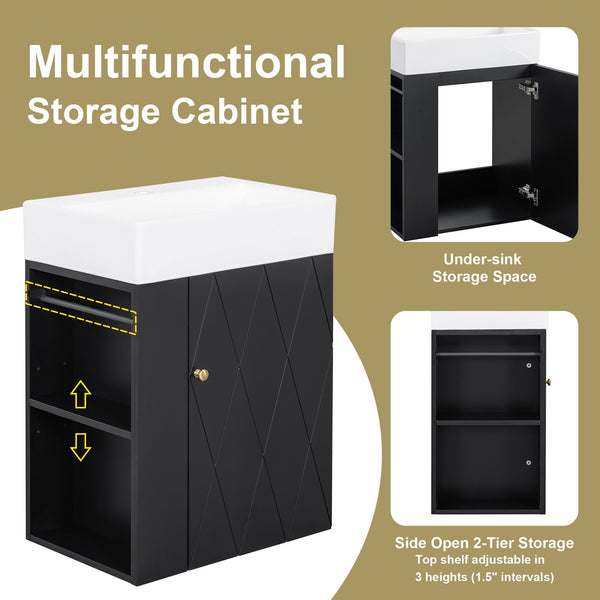 English Elm 20 Modern Wall-Mounted Bathroom Vanity with Ceramic Sink, Diamond Door, Gold Handles & Shelves — Compact Black N725P314033B