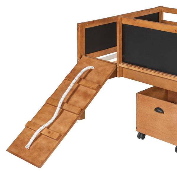 English Elm Twin Kids Loft Bed Solid Pine Frame with Slide Chalkboard and Climbing Rope Play Zone Natural N708P340493D