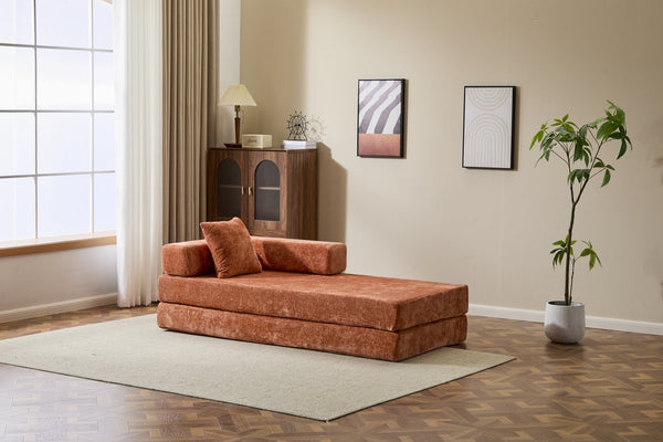 English Elm Floor Couch - Stylish Convertible Futon Sofa Bed With Armrests & Pillow Support In Orange Chenille W3723P344022