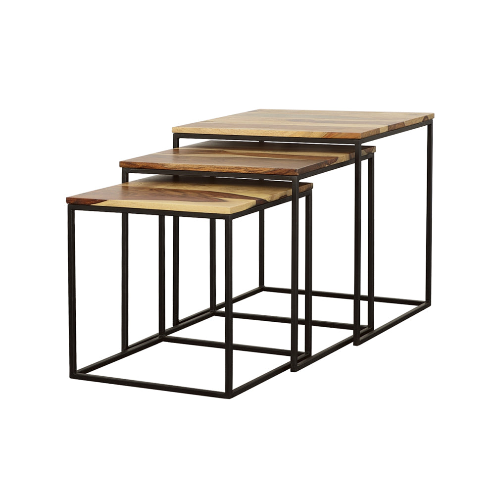 English Elm 3-piece Solid Sheesham Nesting Tables with Natural Grain Tops & Black Iron Frames for Small Spaces B016P384776