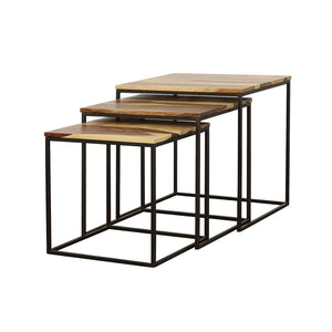 English Elm 3-piece Solid Sheesham Nesting Tables with Natural Grain Tops & Black Iron Frames for Small Spaces B016P384776