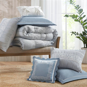 English Elm 7-piece King Jacquard Comforter Set Lace Detail Chambray Cottage Bedroom Ensemble Blue B035P482887
