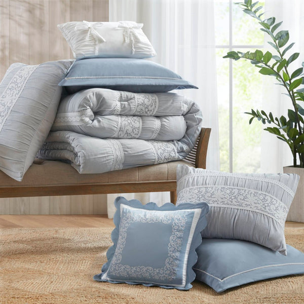 English Elm 7-piece King Jacquard Comforter Set Lace Detail Chambray Cottage Bedroom Ensemble Blue B035P482887