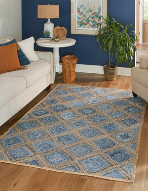Unique Loom Braided Jute Bengal Hand Braided Geometric Rug Blue, Beige/Navy Blue 6' 1" x 9' 0"