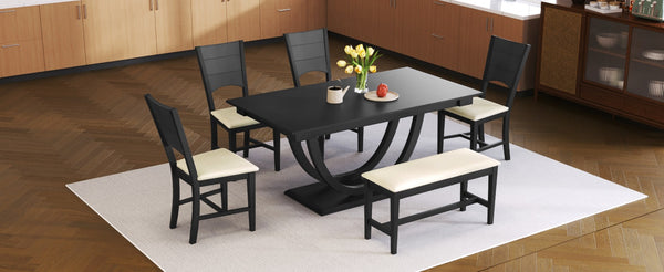 English Elm Topmax Six Piece Rubberwood Dining Set with Bench Linen Seats Sculptural Modern Style Gray N717S000029E