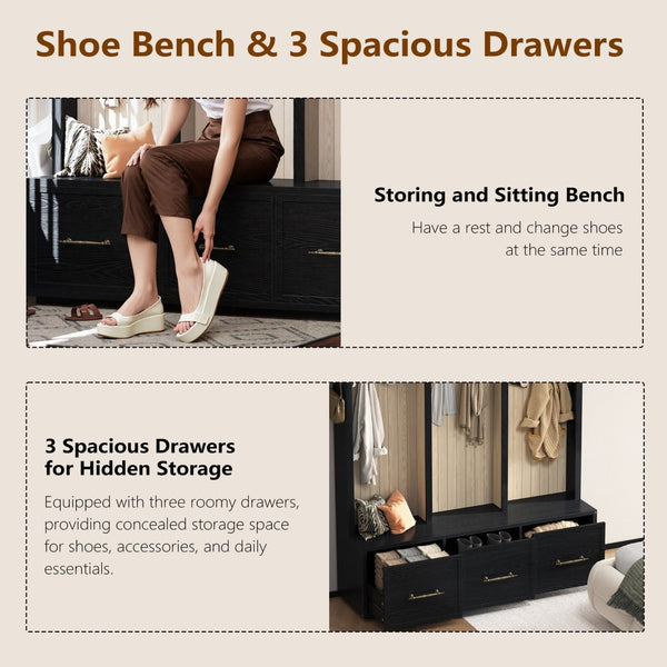 English Elm Farmhouse Hall Tree with Arched Panels Bench Drawers and Hooks for Mudroom Entryway Black W5271S00005