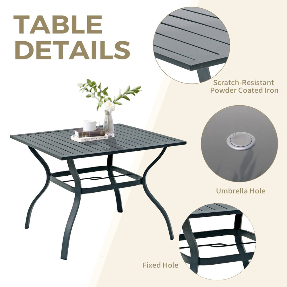English Elm 5-piece Outdoor Dining Set Square Steel Table Pe Rattan Chairs with Cushions Patio T5880S00023