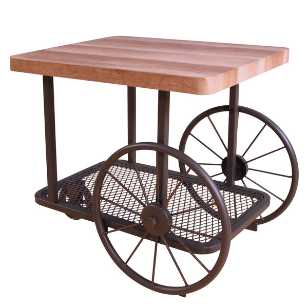 English Elm Oak Antique Grey End Table With Shelf & Casters - Charming Vintage Design For Versatile Living Spaces B062P209082