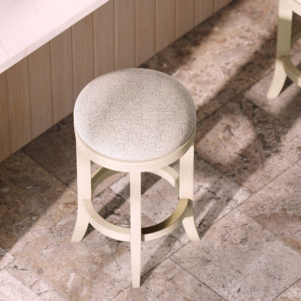 English Elm 26in. Backless Swivel Counterstool Solid Wood Farmhouse Seat Distressed Finish Kitchen Grey+Ivory B2751P436424