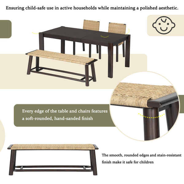 English Elm Modern Farmhouse Extendable Dining Table Set with Handwoven Rattan Chairs, Child‑Safe Rounded Edges, Expandable for 4‑8 Guests Walnut TWSET2025-1D