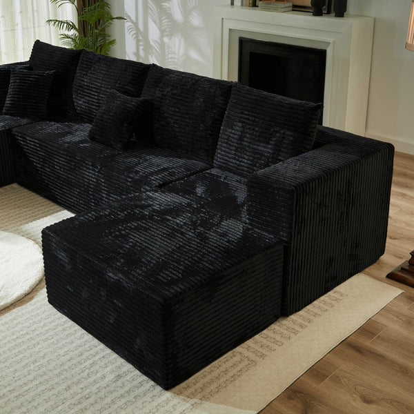 English Elm 133.86" Cloud Modular U-shaped Sectional Ribbed Corded Fabric Deep Seat Living Room Sofa Black W668S00009