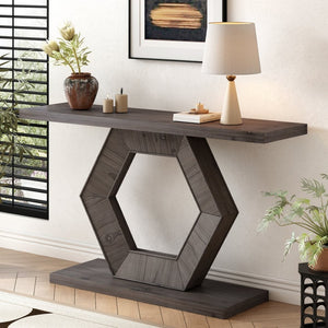 English Elm U_Style Modern Console Table With Hollow Hexagon Legs & Fir Veneer Finish For Entryway Elegance N711P241272A-GIGA
