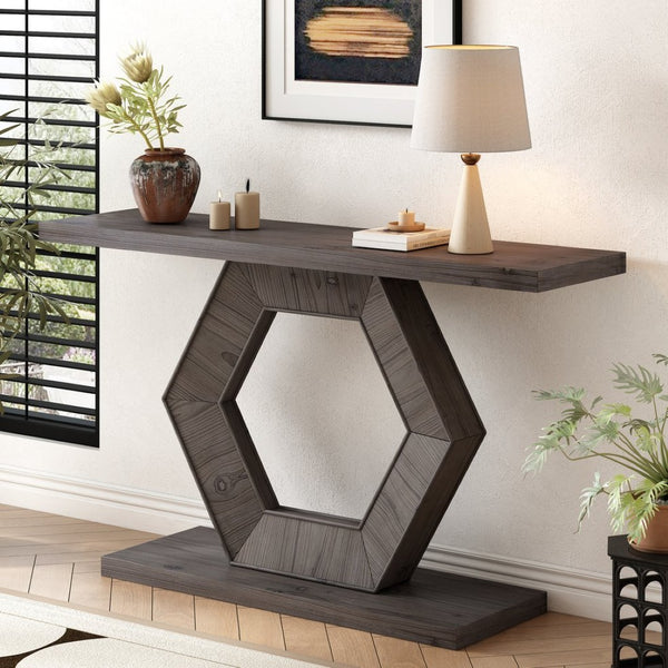 English Elm U_Style Modern Console Table With Hollow Hexagon Legs & Fir Veneer Finish For Entryway Elegance N711P241272A-GIGA