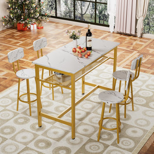 English Elm 5-Piece Chic Counter Height Dining Set White & Gold – Space-Saving MDF Bar Table with 4 Chairs W578P303838