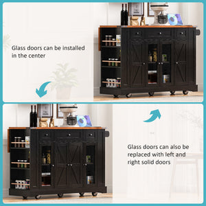 English Elm K&K 53" Farmhouse Kitchen Island with Drop Leaf, Tempered Glass Doors, Power Outlet, Rolling Cart Black N707P263637B