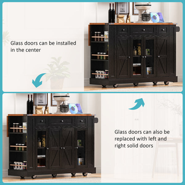 English Elm K&K 53" Farmhouse Kitchen Island with Drop Leaf, Tempered Glass Doors, Power Outlet, Rolling Cart Black N707P263637B
