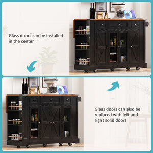 English Elm K&k Farmhouse Rolling Kitchen Island with Drop Leaf Tempered Glass Drawers and Power Outlet Black N707S263637B