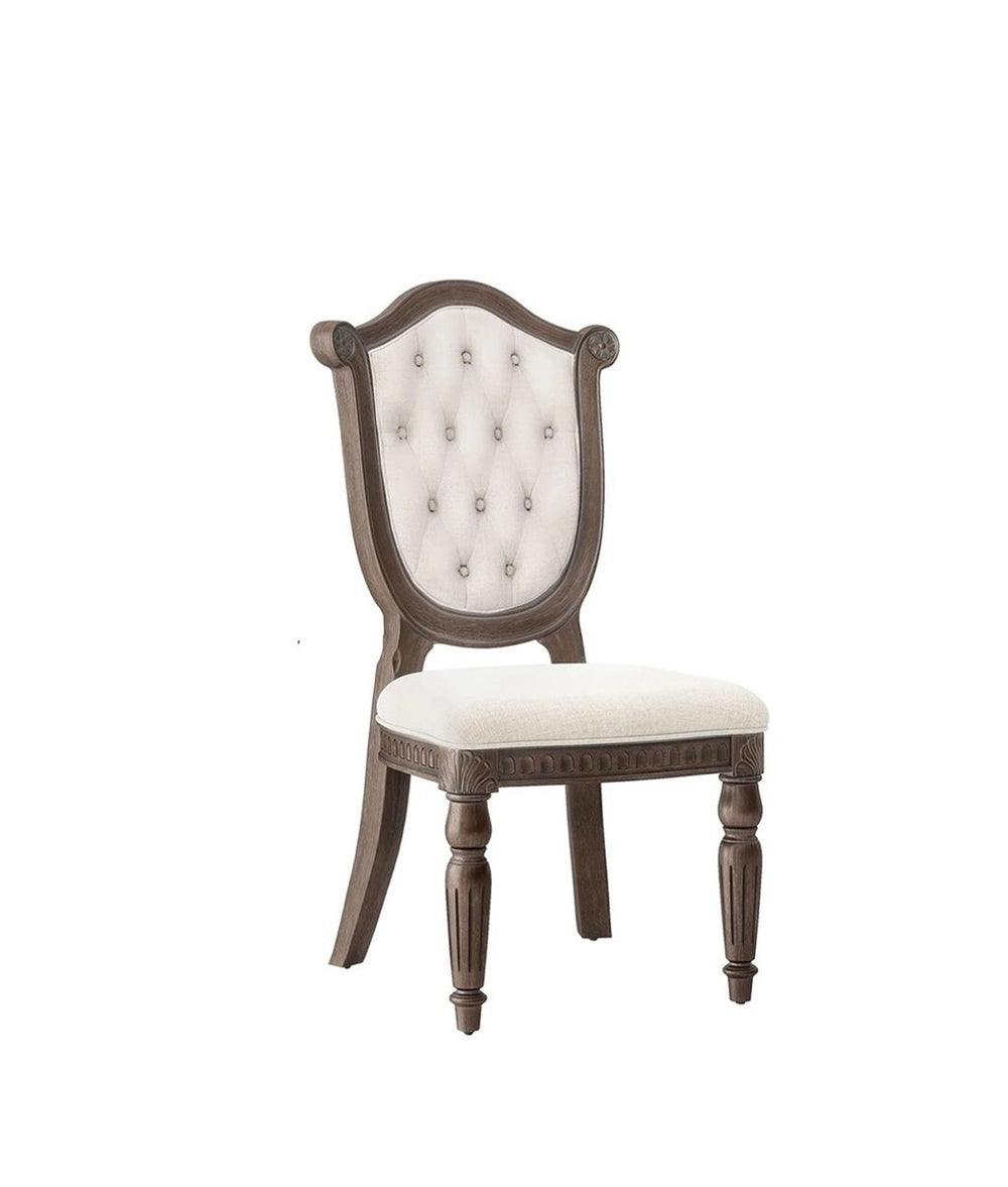 English Elm Rustic 2Pc Side Chair Set - Diamond Tufted Back, Fluted Legs, Weathered Oak & Beige For Dining Elegance B2741P406976-GIGA